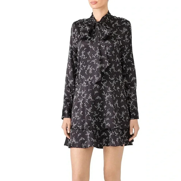 Equipment Natalia Tie Neck 100% Silk Black/White Floral Whimsical Tiered Dress - Picture 2 of 10